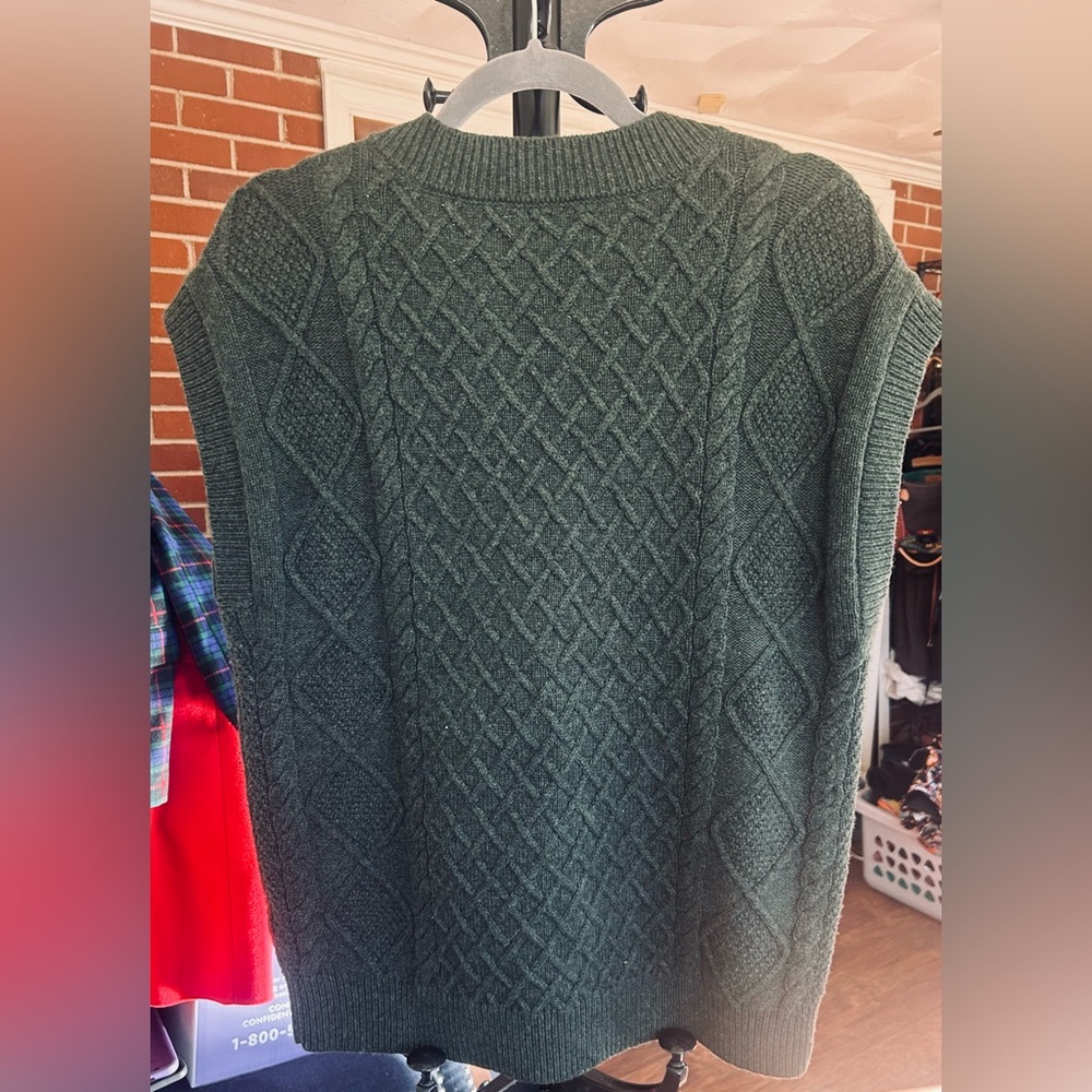 Madewell Oversized Cable Knit Sweater Vest Dark Green Wool Blend Preppy Academia - Picture 8 of 8